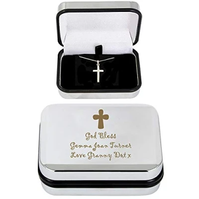 Image of Sterling Silver Cross Necklace Chain For Women With Personalised Gift Box Engraved Message Birthdays First Holy Communion Confirmation Wedding Mothers Day Presents