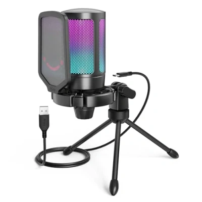 Image of FIFINE Gaming USB Microphone for PC PS5, RGB Condenser with Tap to Mute Button, Shock Mount, Pop Filter, Gain Control Streaming Podcast Discord Twitch AmpliGame