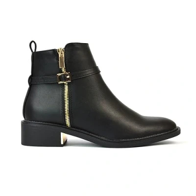 Image of ESSEX GLAM Womens Chelsea Boots Ladies Flat Low Heel Pixie Decorative Buckle Zip Ankle Booties Size 3 8 Black Synthetic Leather
