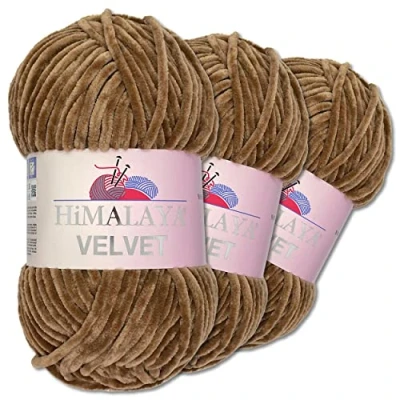 Image of Wohnkult Himalaya 3 x 100 g Velvet Dolphin Wool, 40 Colours to Choose From, Chenille Knitting Yarn, Fleece Shiny Accessory, Clothing, Blankets (90037 Brown)