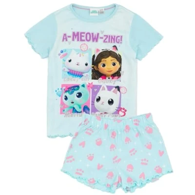 Image of Gabby&#039;s Dollhouse Girls Blue Pyjama Set Kids Short Sleeve T Shirt and Shorts PJs Gabby Cakey Cat Mercat Pandy Paws Official Merchandise Cosy Gift