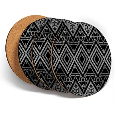 Image of Destination Vinyl ltd Great Coasters (Set of 4) Round BW Aztec African Pattern Tribal Boho Drink Glossy Coasters/Tabletop Protection for Any Table Type #42458