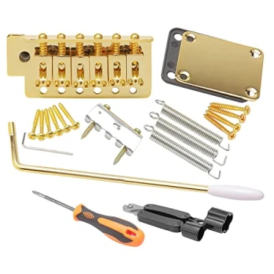 Image of Unxuey Electric Guitar Tremolo Bridge Bar Kit, 6 Strings System Set with Neck Plate Reinforce Board for Fender Strat Replacement, Gold