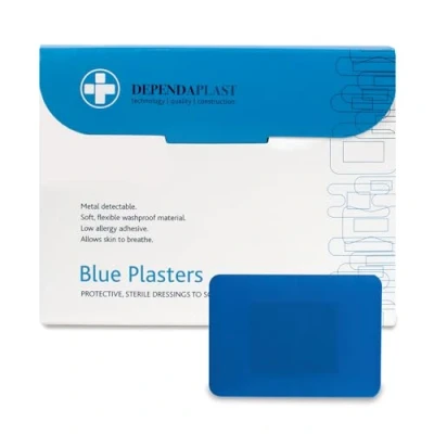 Image of Dependaplast Food Area Blue Plasters With High Visibility And Metal Detection Properties, Easily Detectable, Individually Wrapped 7.5 cm x 5 cm, (Pack of 50)