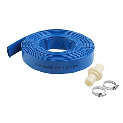 Image of KATSU Layflat Discharge Hose Pipe 20m x 32mm 1 1/4 Inch Diameter with 2 Clips and Quick Coupler Connector, Fits Submersible &amp; Other Water Pumps for Draining Pond, Garden Irrigation, Hot Tub, Pool