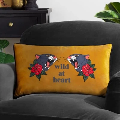 Image of furn. Inked Wild Velvet Piped Feather Filled Cushion Gold Size 30 cm x 50