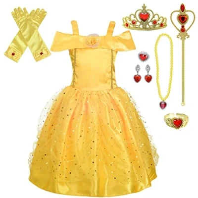 Image of Lito Angels Princess Belle Costume Birthday Party Fancy Dress Up with Accessories for Girls Kids Age 8 9 Years, Style B