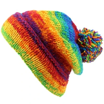 Image of LOUDelephant Chunky Wool Knit Baggy Slouch Beanie Bobble Hat Rainbow