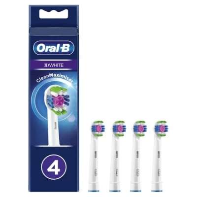 Image of Oral B 3D White Electric Toothbrush Head with CleanMaximiser Technology, Angled Bristles for Deeper Plaque Removal, Pack of 4,