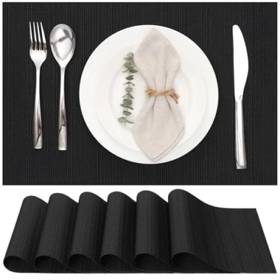 Image of Myir JUN Table Mats Set of 6, Place Placemats Washable Non slip Heat Insulation Woven Vinyl for Kitchen Dinning Restaurant 18&quot;X12&quot; (Black)