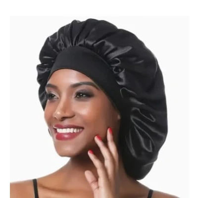 Image of Satin silk Hair Wrap for Sleeping, Bonnet, 1Pcs Night Bonnet Sleeping Women Girls, Care Head Cover Elastic Hat Black Curly Showercap