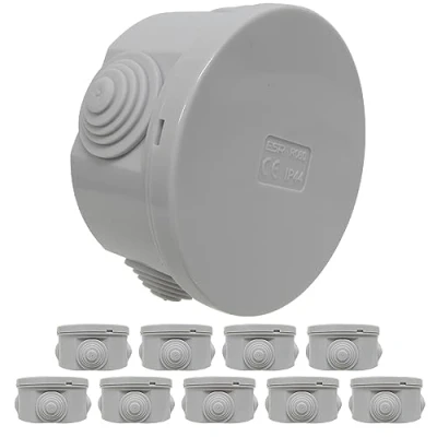 Image of 10 Pack of 80mm Round Electrical Junction Box with Rubber Cable Entry Grommets and Snap on Lid IP44 Splashproof Weatherproof
