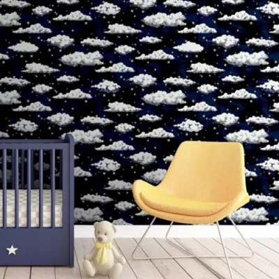 Image of SOPHIE LAURENCE Navy Blue Stars and Clouds Wallpaper Metallic Gold Accents, Children&#039;s Bedroom/Nursery Decor, Washable, Paste The Paper, 0.53m x 10.05m Roll, Made in France