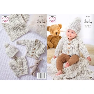 Image of King Cole Chunky Knitting Pattern 6085 Jacket, Cardigan, Gilet, Hat &amp; Blanket