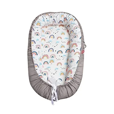 Image of SONARIN Baby Nest for Newborn and Babies,Double Sided,Baby Bassinet Bed/Lounger/Nest/Pod/Cot Bed/Sleeping, Breathable,100% Cotton Hypoallergenic,with Pillow,Portable(Rainbow Pink)