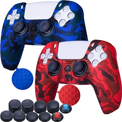 Image of 9CDeer 2 Pieces of Silicone Transfer Print Protective Cover Skin + 10 Thumb Grips for Playstation 5 / PS5 Controller paint Red &amp; Blue