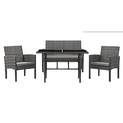 Image of EVRE Grey Porto Garden Rattan Furniture Set 4 Piece Seat 1 Sofa 2 Chair Dining Outdoor Conservatory Wicker Weave Lounge and Glass Top Table with Cushions