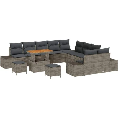 Image of vidaXL 13 Piece Garden Sofa Set with Cushions Grey Poly Rattan Acacia