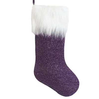 Image of Gireshome Purple Sparkle Sequin Blingbling Body,White Faux Fur Cuff Christmas Stocking, Xmas Tree Decor Festival Party Ornament 10&quot;x18&quot;