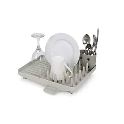 Image of Joseph Duo Compact Dish Drying Rack, Kitchen Plate Drainer with Utensil Pot and Draining Spout, Grey