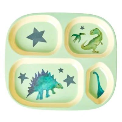 Image of Rice Children&#039;s Melamine Dinner Plate with 4 Compartments in Dinosaur Design Green