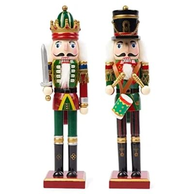 Image of KAHEIGN 2Pcs Wooden Nutcracker Soldiers, 2 Style 30CM Christmas Traditional Figures Premium Pine Wood Painted Soldier for Home Fireplace Tree Party Decoration (Drum &amp; Sword)