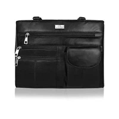 Image of Quenchy London Ladies Real Leather Handbag Womens Designer Black Shoulder Hand Bag with 2 Top Handles, 8 Pockets, Large Zipped Main Sections Medium Practical Size QL173K