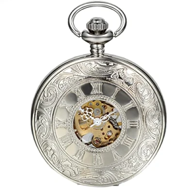 Image of JewelryWe Silver Half Hunter Classic Hand Wind Mechanical Roman Pocket Watch with 15&quot; Chain