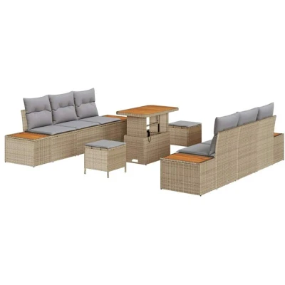 Image of vidaXL 9 Piece Garden Sofa Set with Cushions Beige Poly Rattan Acacia