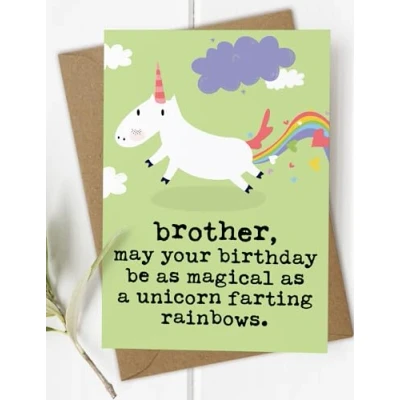 Image of Funny Brother Birthday Card, Magical Unicorn Farting Rainbows Rude Card