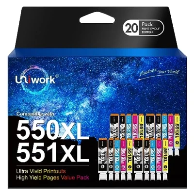 Image of Uniwork 550XL 551XL Compatible Ink Cartridge Replacement for Canon PGI CLI Pixma iP7250 MG5650 MX925 iX6850 MG5550 MG5450 MG6650 MX920 MG5400 MG6450(PGBK Black Cyan Magenta Yellow,20 Pack)