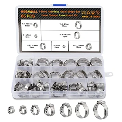 Image of HSEAMALL 85PCS Stainless Steel Single Ear Stepless Hose Clamps,7mm 21mm Pipe Clamp Cinch Rings Fuel Line Clip