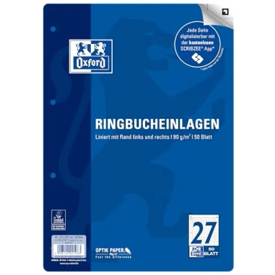 Image of Oxford A4 Ruled Ring Binder Inserts with Double Margin 27 Ruling 50 Sheets