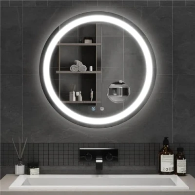 Image of Mondeer 600mm Round Bathroom Mirror with LED Lights, Illuminated Wall Mounted Vanity 3 Colors Dimmable Demister and 5x Magnifier, for (3000 K 6500 K)