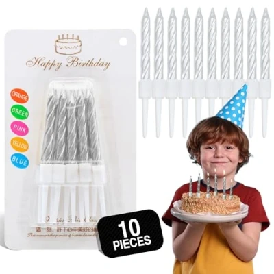 Image of Birthday Candles, Candles for Cakes, Pack of 12 Gold Party Spiral with White Candle Holders, Wedding, Birthday, Decorations, Anniversary and Meetups (Silver)