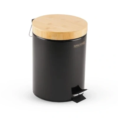 Image of Royalford 5L Pedal Bin with Lid &amp; Removable Basket Round Bamboo Kitchen Waste Soft Close Small for Bedroom Sanitary Rubbish Toilet Bathroom Office, Black