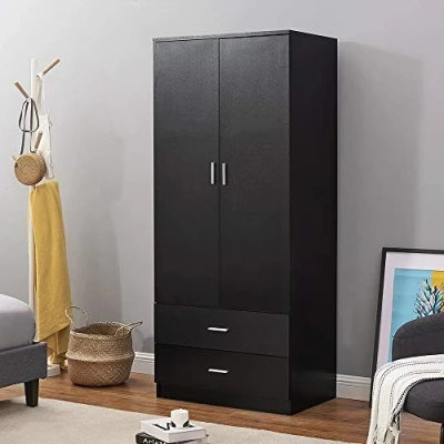 Image of Wardrobe 2 Door Drawer Wooden Clothes Storage Cupboards Unit with Hanging Rail Bedroom Furniture (Black)