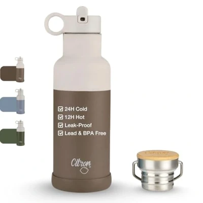 Image of Citron Stainless Steel Insulated Water Bottle 500ml/750ml Keeps Drinks Cold 24 Hours &amp; HOT 12 Hours, has 2 LIDS Leak Proof (Flask Lid Straw + Straws), BPA Free, Great for Work, Sport, Travel