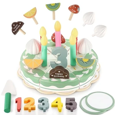 Image of GAGAKU Wooden Birthday Cake Toy Pretend Play Food Toys for Kids, Role DIY Cutting with Candles Gift Kids Boys and Girls