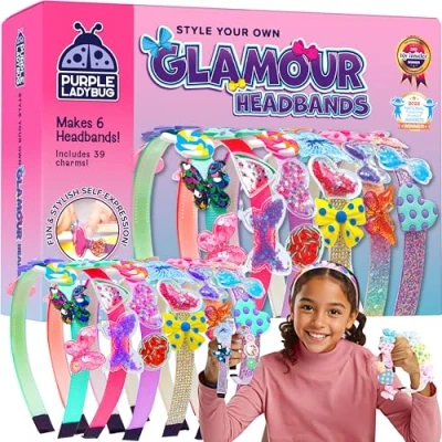 Image of PURPLE LADYBUG Glamour Headband Making Kit for Girls Fun Craft Kits Kids DIY Hair Accessories &amp; Bands Birthday Presents Age 6 7 8 9 10 Great 5 Year Old Gifts