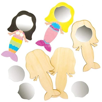 Image of Baker Ross AT685 Mermaid Wooden Mirrors Pack of 4, Children&#039;s Painting Set for Arts and Crafts Projects