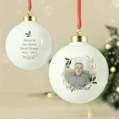 Image of Custom Personalised photo Upload memorial Ceramic Christmas Tree Bauble with any or message. Perfect for
