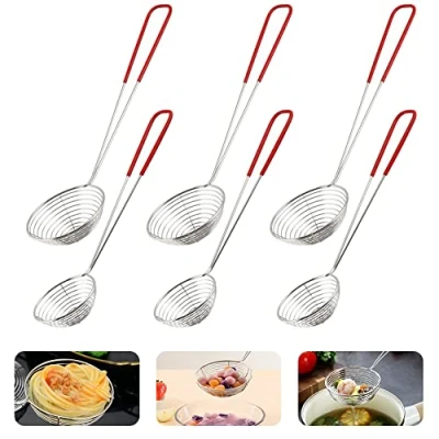 Image of BUENTYA 6 Pcs Stainless Steel Spider Strainer Spoon,Small Wire Skimmer Colander Food Grade Hot Pot Scoops Kitchen Tool with Handle for Pot,Tortellini,Pearl Food(2 Size)