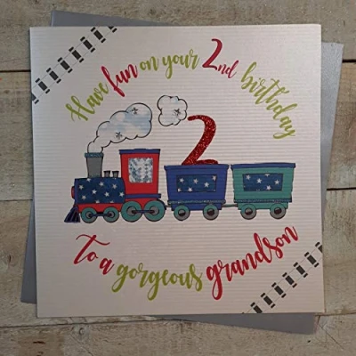 Image of white cotton cards XR41 2gs Large&quot;Have Fun on Your 2nd Birthday to a Gorgeous Grandson&quot; Handmade Card,22cm x 22cm