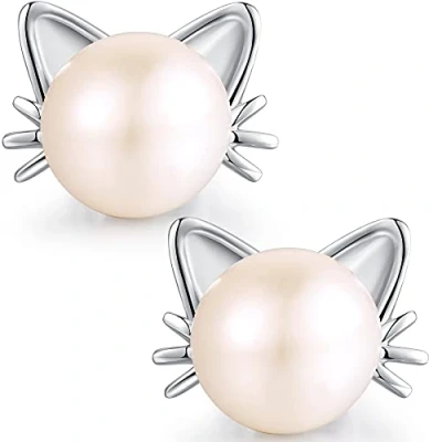 Image of Earrings for Teenage Girls Kids Sterling Silver Women Hello Kitty Cat Pearl