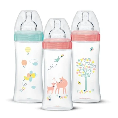 Image of Dodie Girls Sensation Plus Anti Colic Baby Bottles, Girl, 330 ml, +6 Months, Flat Teat 3, Flow Pastel Pink, 3 Count (Pack of 1)