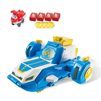 Image of Super Wings EC750840 Mini World Aircraft Playset &amp; Jett Figure Bot Flugzeug, Transforms into A Sliding Runway with Cool Light Sound Effects, Toy for 3 4 5 6 7 Years Old Boy Girl, Blue