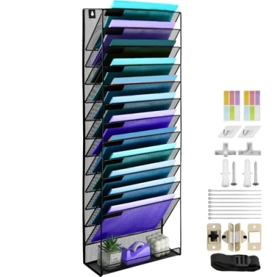 Image of TSDRBWO 13 Tier A4 Mesh in Tray Hanging Wall File Holder Magazine Document Mail Organiser Storage Rack,Durable Metal Filing Letter Trays Desktop Organizer