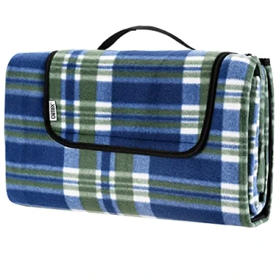 Image of Detex® XL Waterproof Fleece Picnic Blanket 200x200cm Camping Heat Insulated Hand Washable Foldable For 4 6 People Garden Beach Blue/Green Plaid