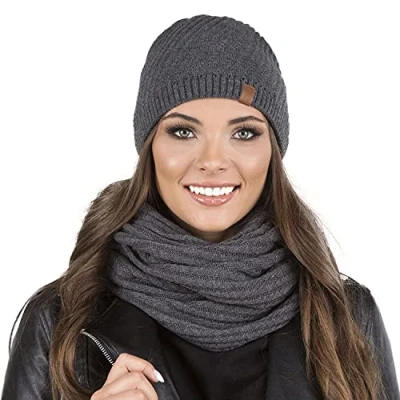 Image of Vivisence Stylish Women&#039;s Winter Set Including Warm Knitted Hat and Matching Snood Scarf Made from Soft Fabric Ideal for Cold Autumn Weather, Dark Grey,UNI
